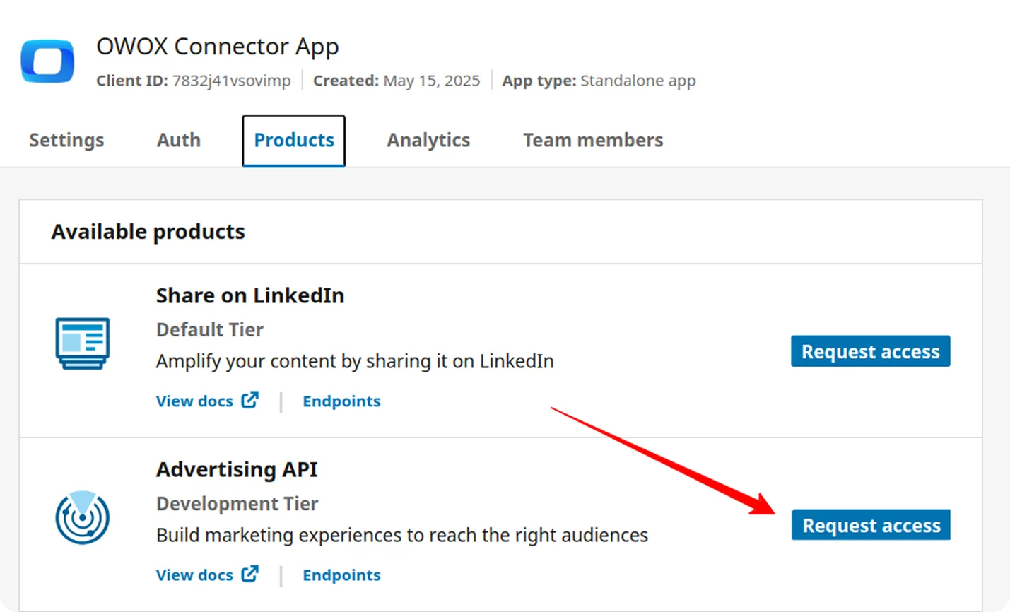 LinkedIn app request