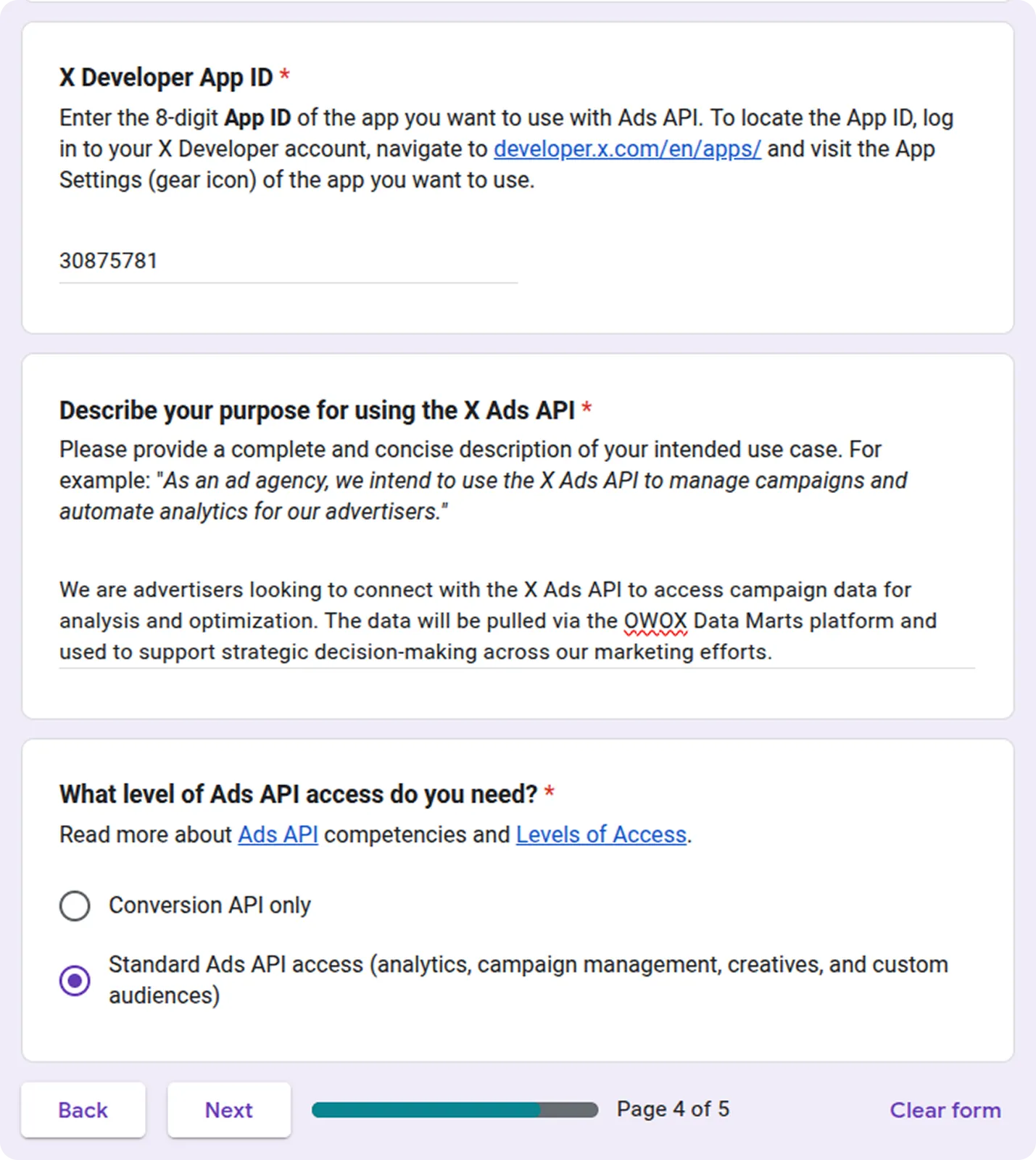 X Ads Form Example
